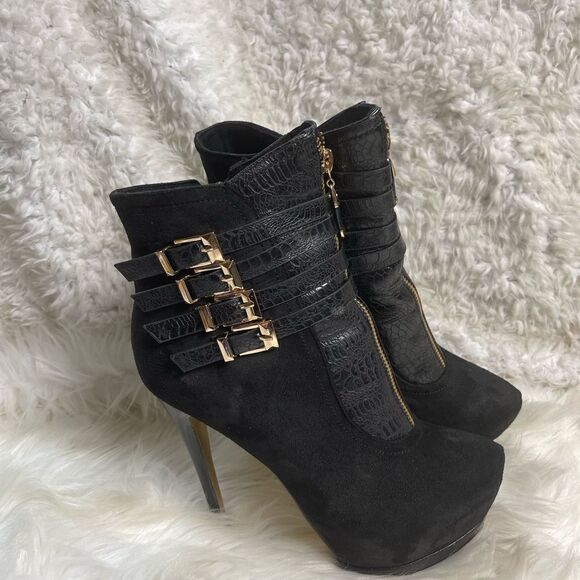 Bebe synthetic suede & lizard print hidden platform heels gold tone buckles SZ8 - Picture 2 of 13